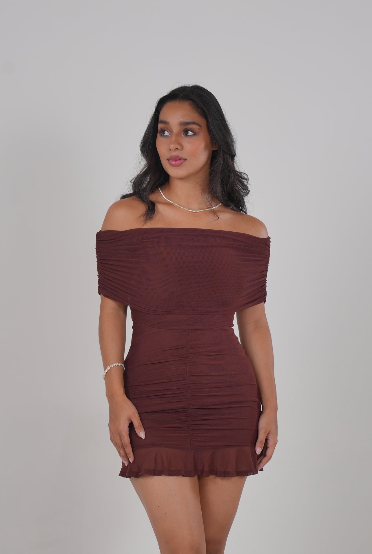 Burgundy Off Shoulder Mesh Mini Dress