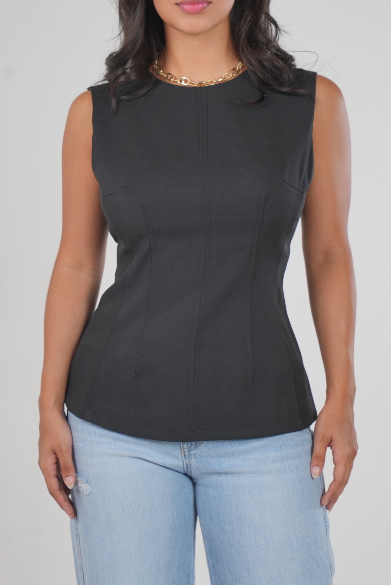 Black Sleeveless Structured Top