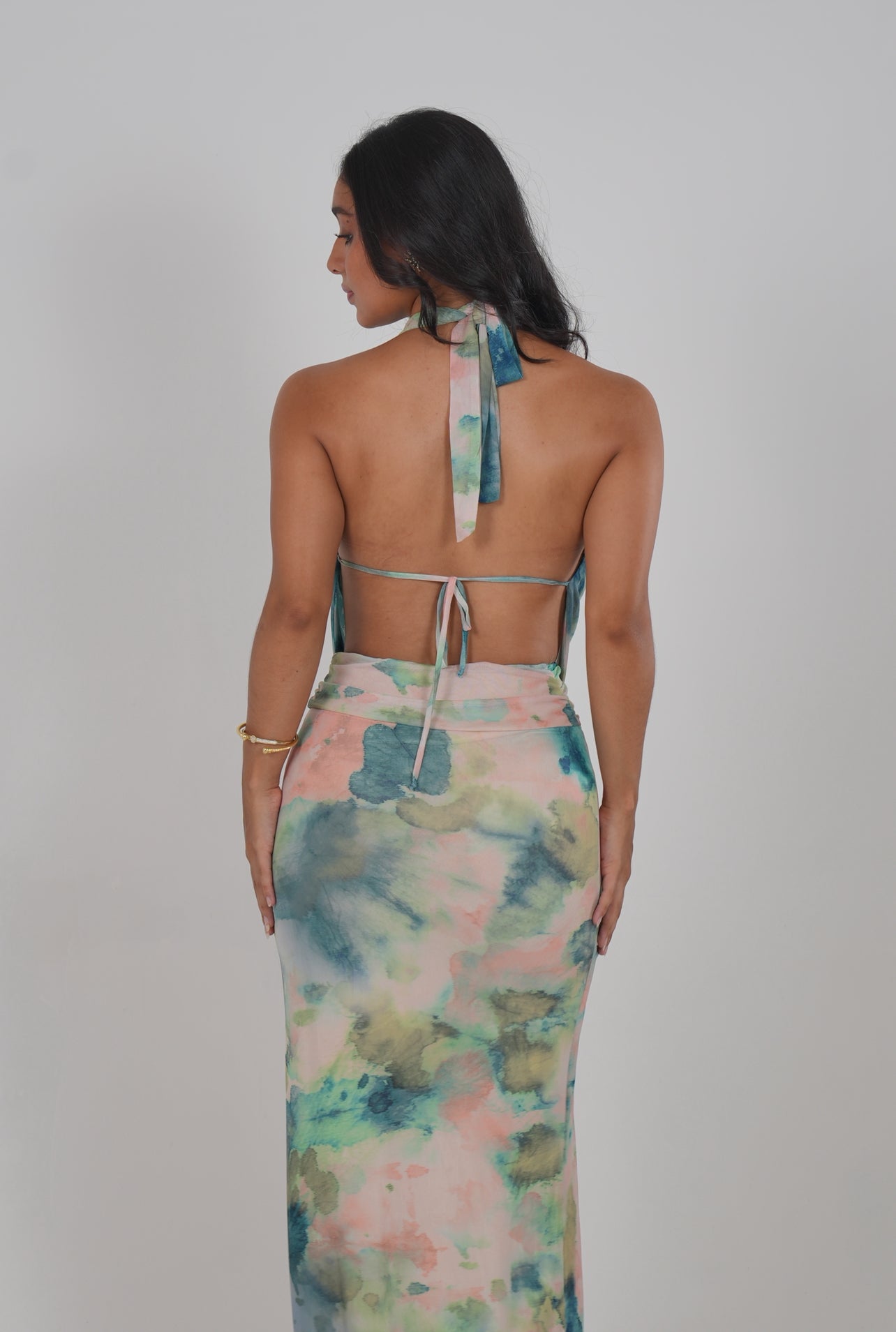 Multicolor Halter Backless Mesh Dress