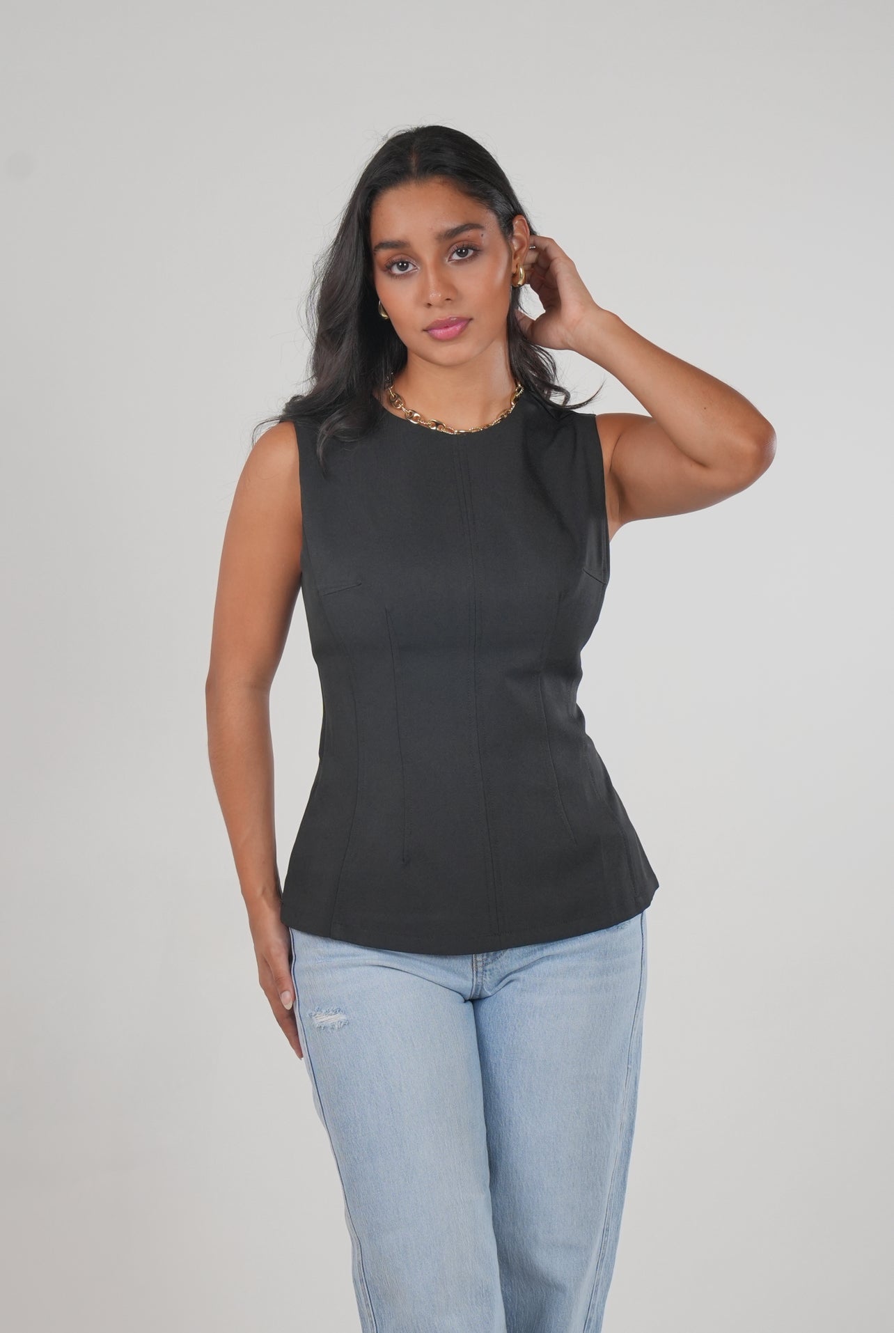 Black Sleeveless Structured Top