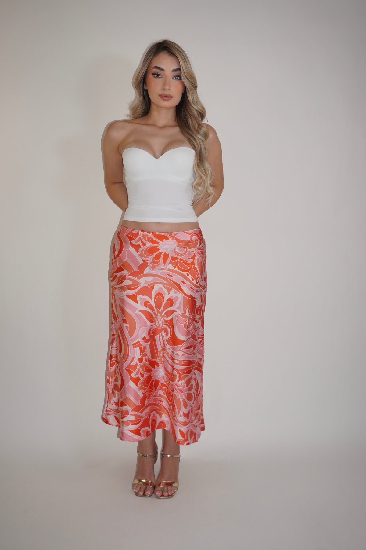 Orange Floral Satin Midi Skirt