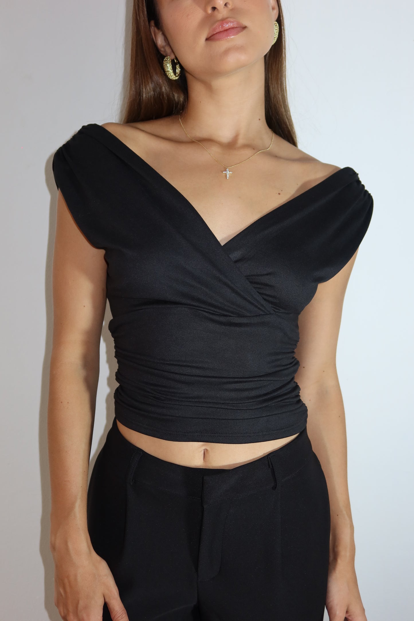 V-Ruched Cotton Off Shoulder Top