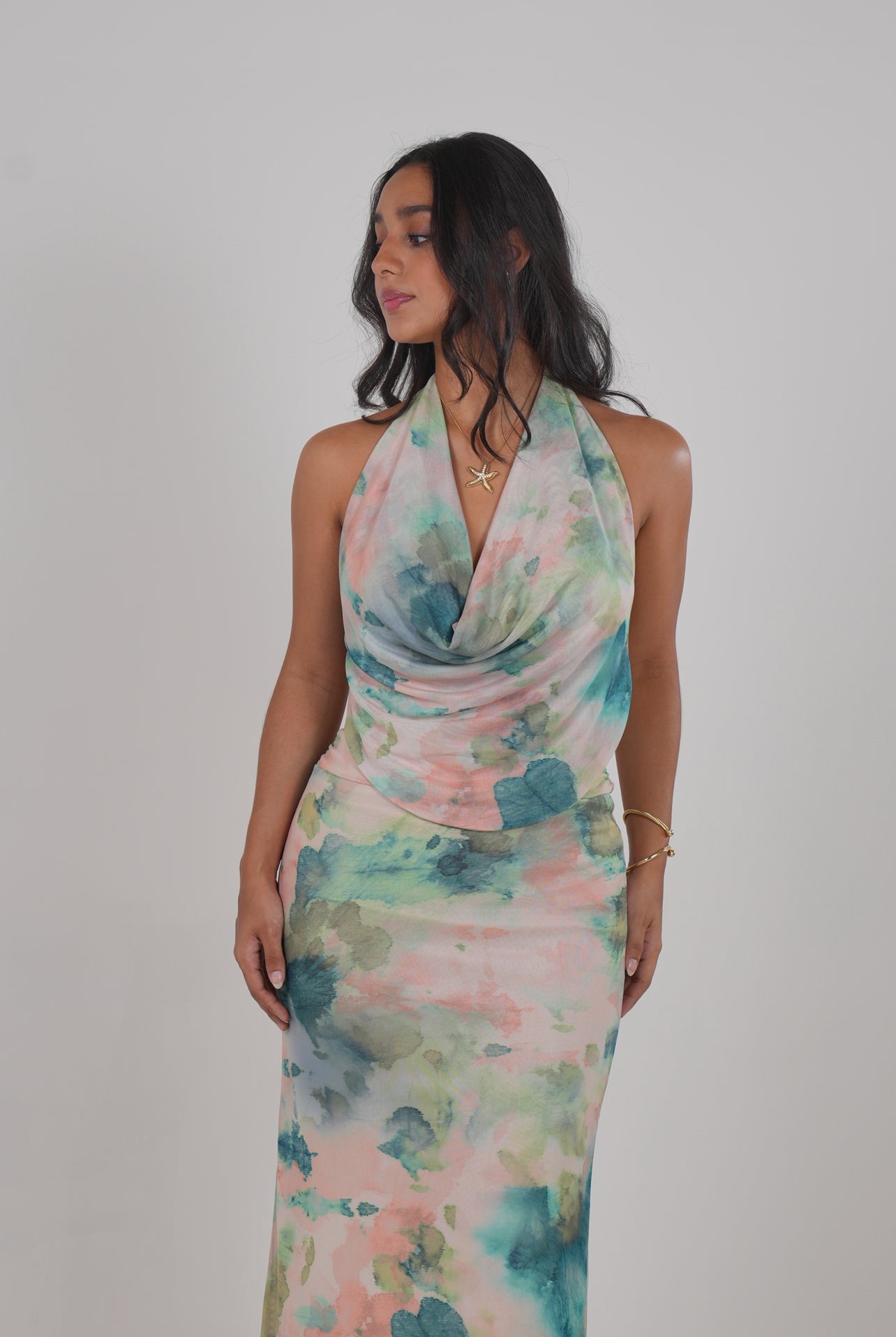 Multicolor Halter Backless Mesh Dress