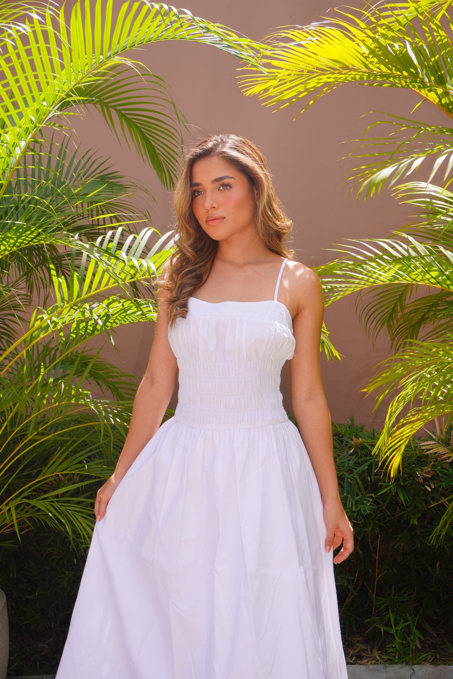White Fitted Waist Maxi Dress