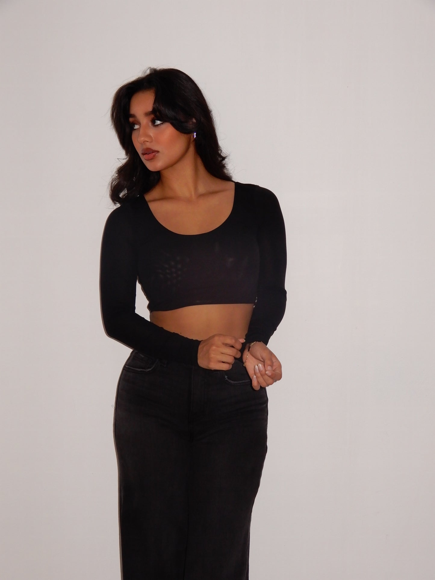 Backless Long Sleeve Mesh Cropped Top