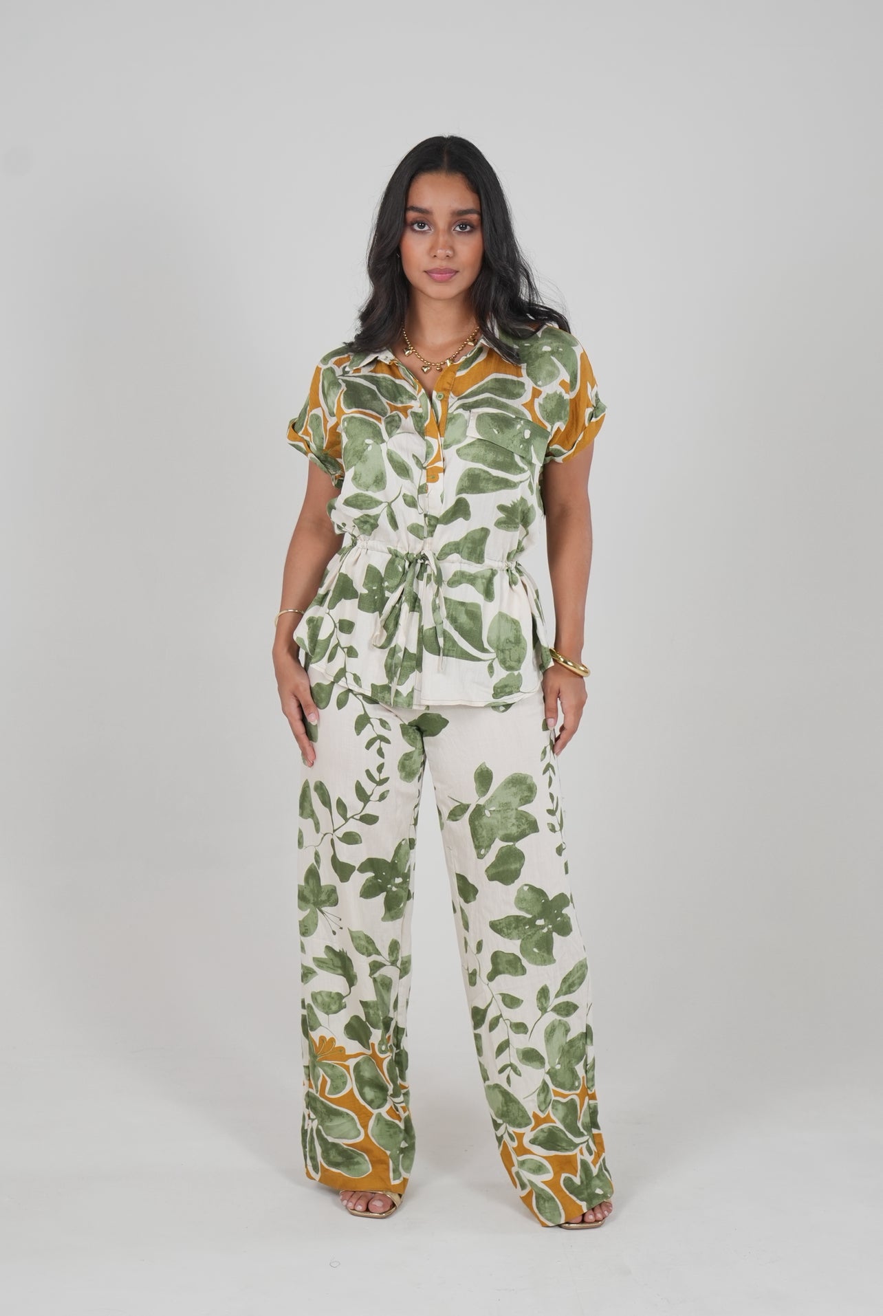 Green Floral Two Pieces Linen Set