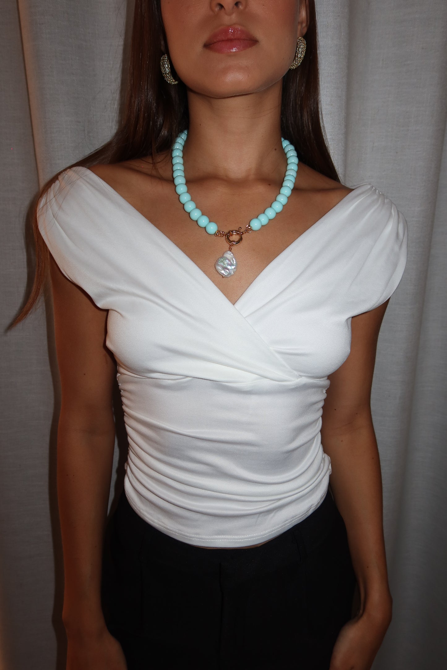 V-Ruched Cotton Off Shoulder Top