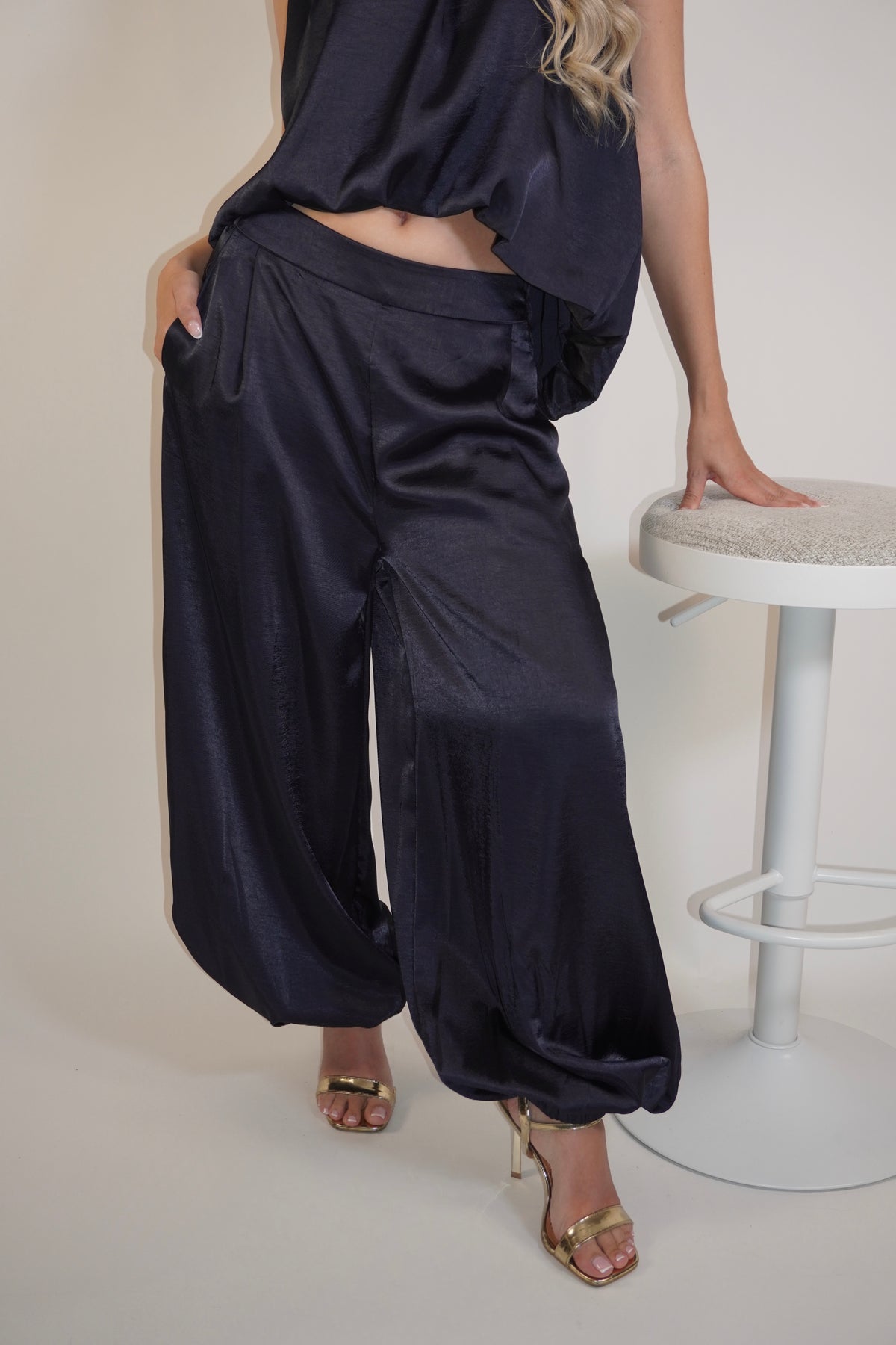 Navy Blue Silky Ballon Pants Set