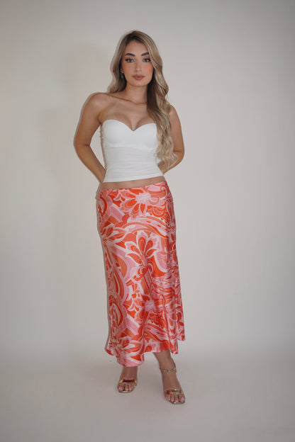 Orange Floral Satin Midi Skirt