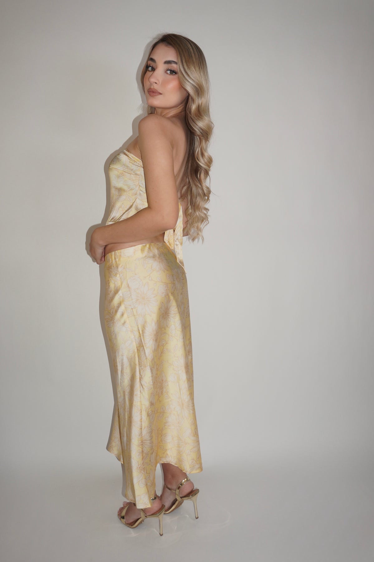 Yellow Floral Satin Matching Set