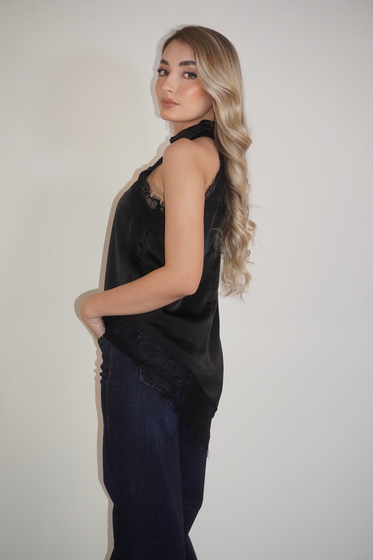 Satin Halter Asymmetric Lace Blouse