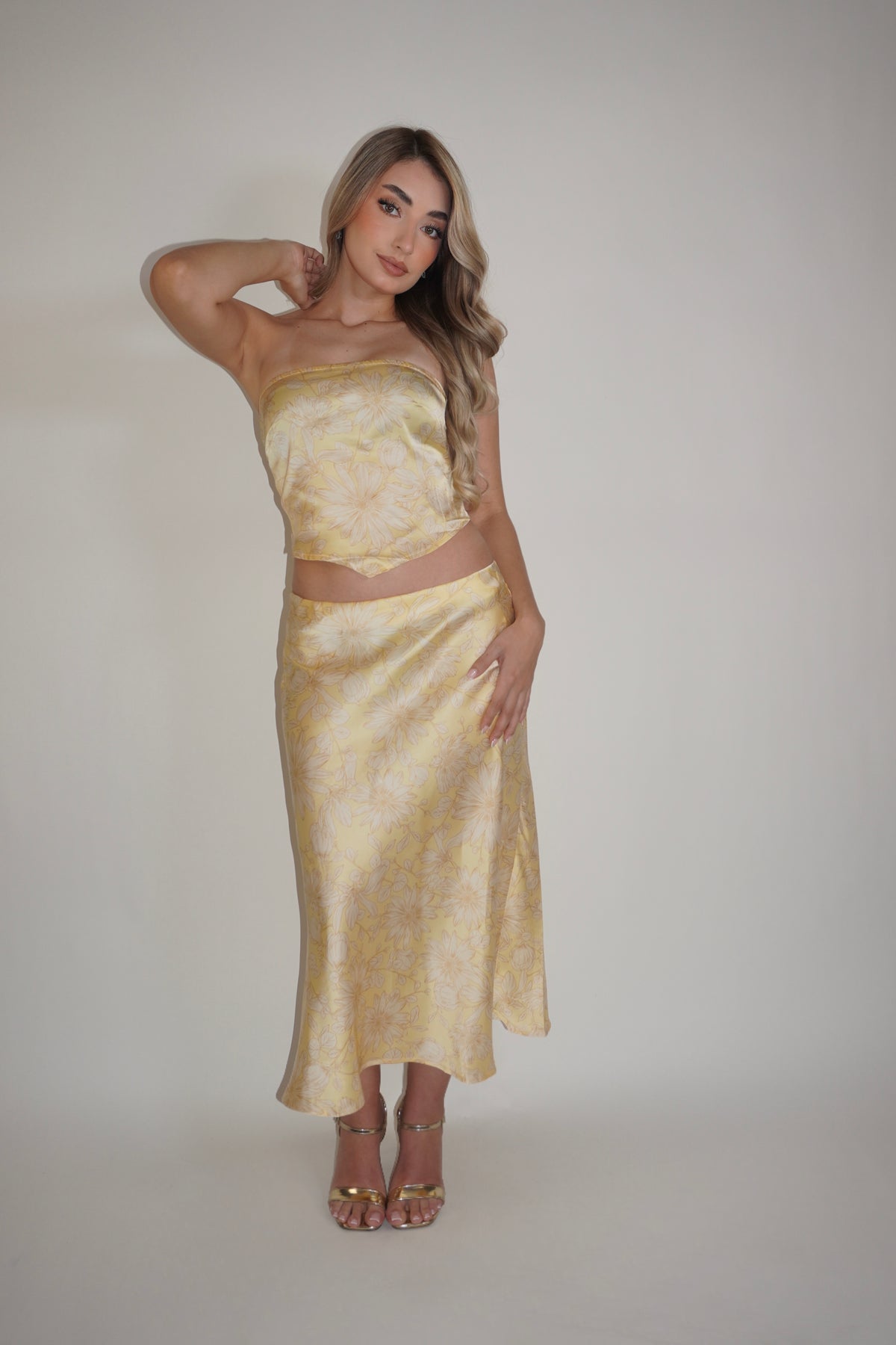 Yellow Floral Satin Matching Set