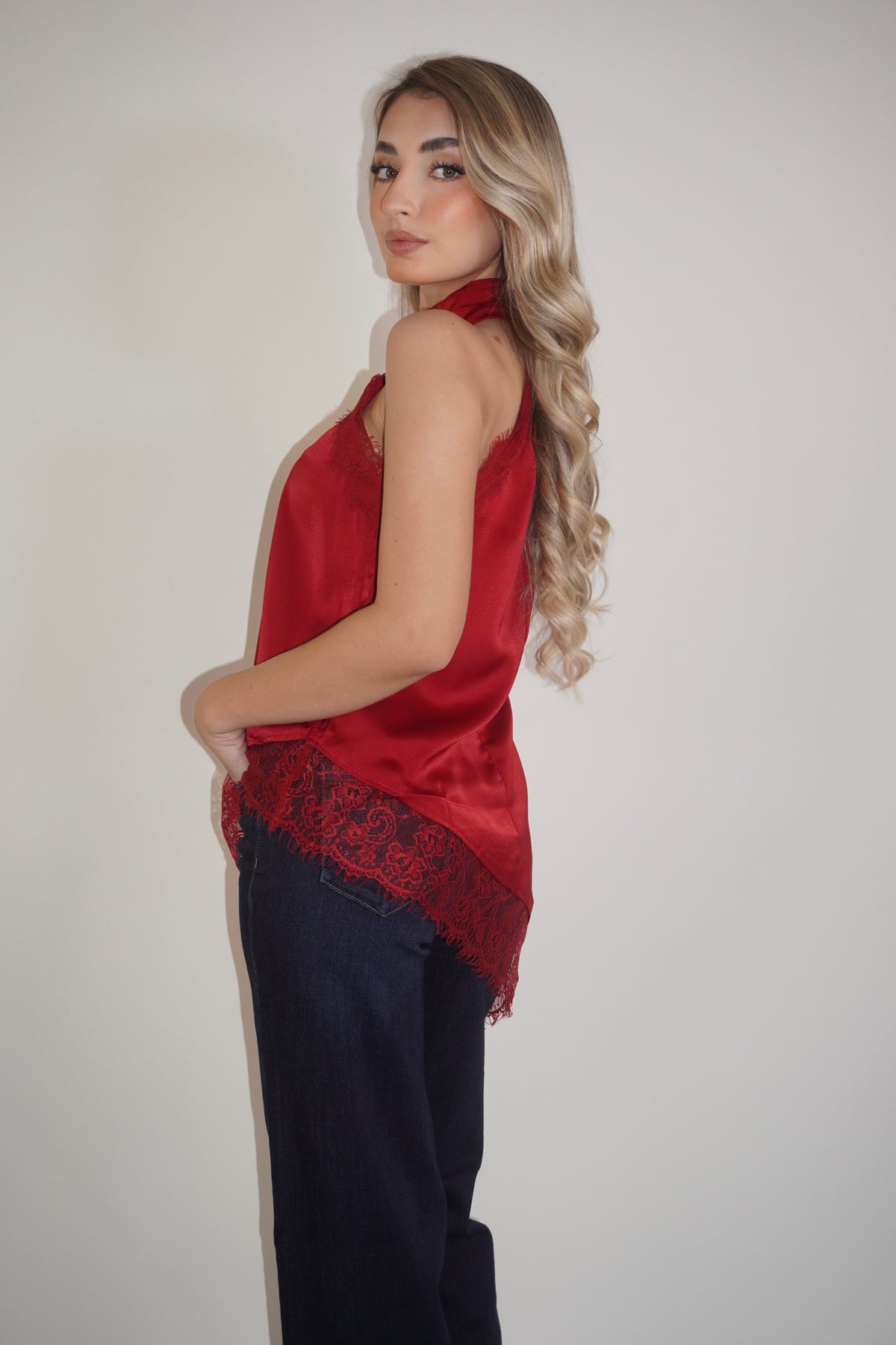 Satin Halter Asymmetric Lace Blouse