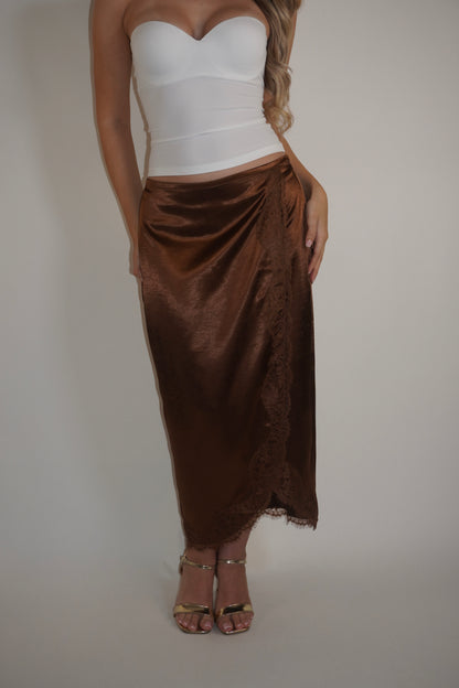 Satin Wrap Midi Lace Skirt