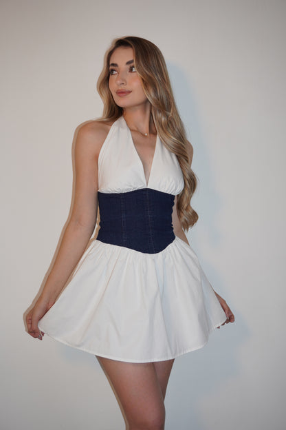 New Halter White Mini Dress With Denim