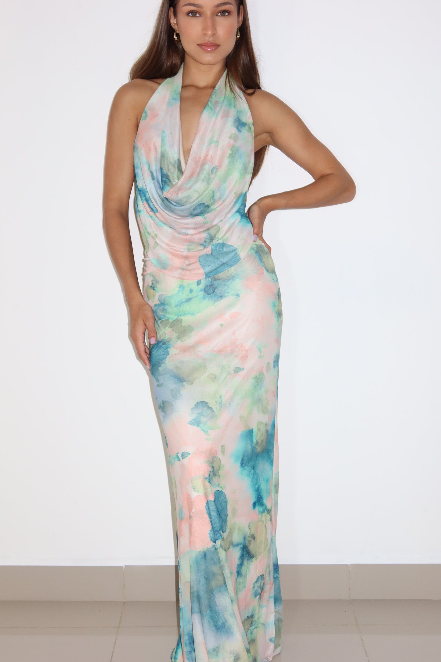 Multicolor Halter Backless Mesh Dress