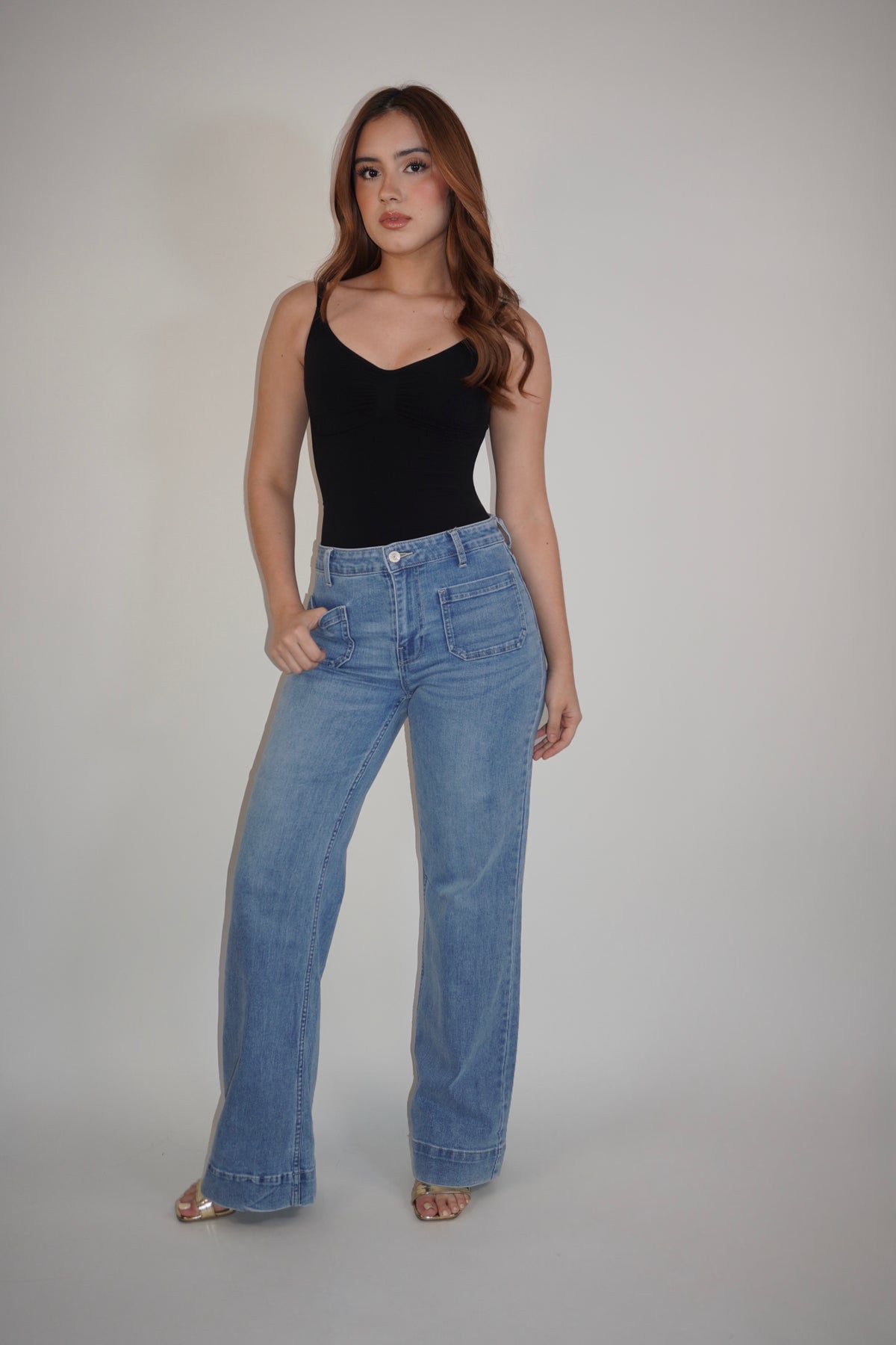 Light Blue Denim Flared Jeans With Pockets