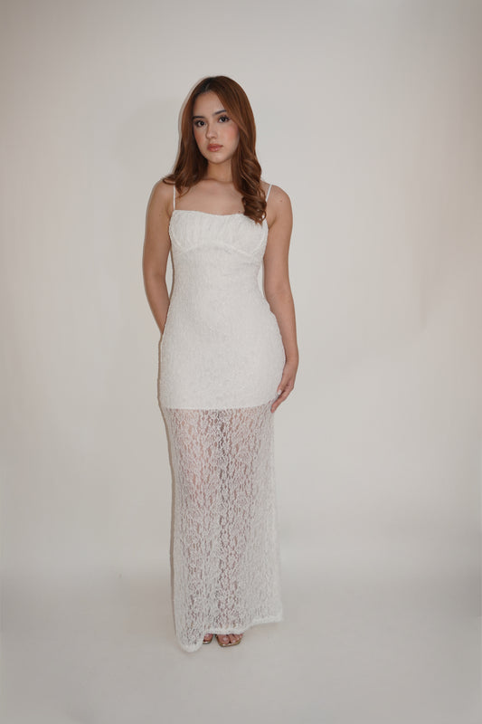 White Maxi Lace Open Back Dress