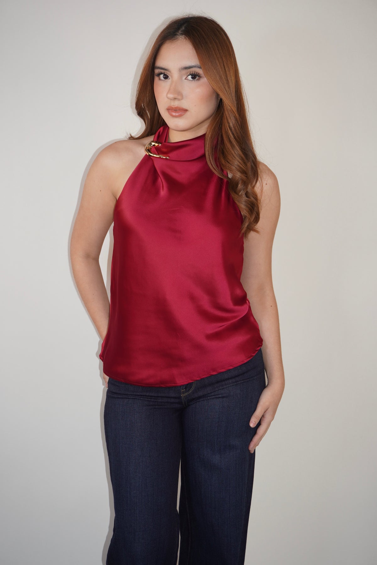 Satin Halter Top With Gold Detail
