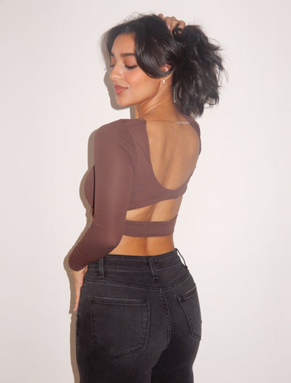 Backless Long Sleeve Mesh Cropped Top