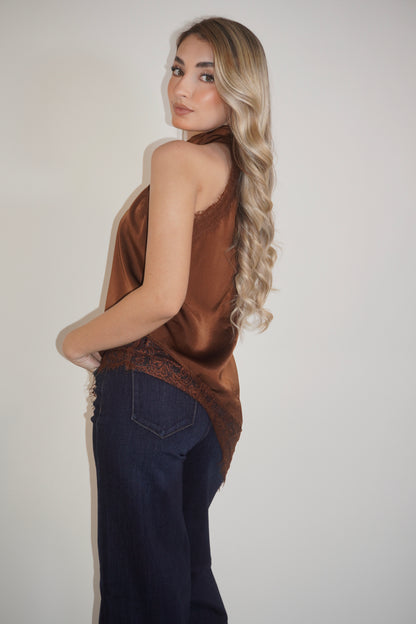 Satin Halter Asymmetric Lace Blouse
