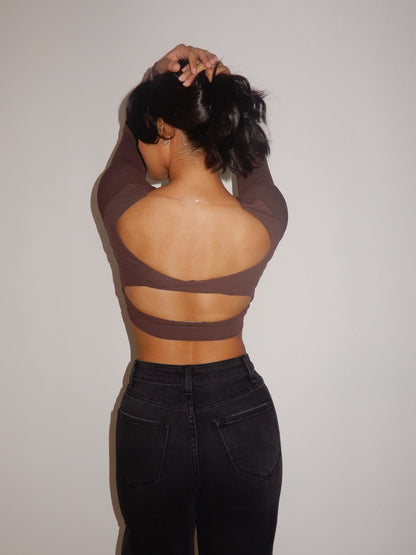 Backless Long Sleeve Mesh Cropped Top