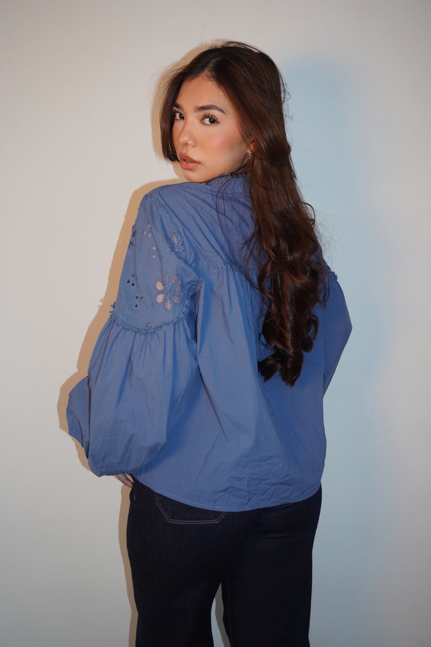 Blue Long Sleeve Lace Linen Blouse