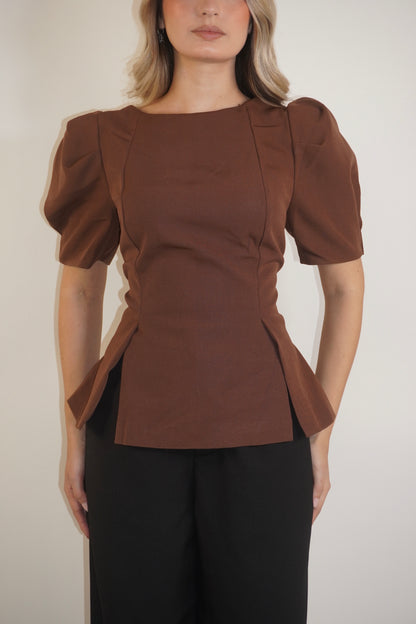 Brown Short Sleeve Peplum Blouse