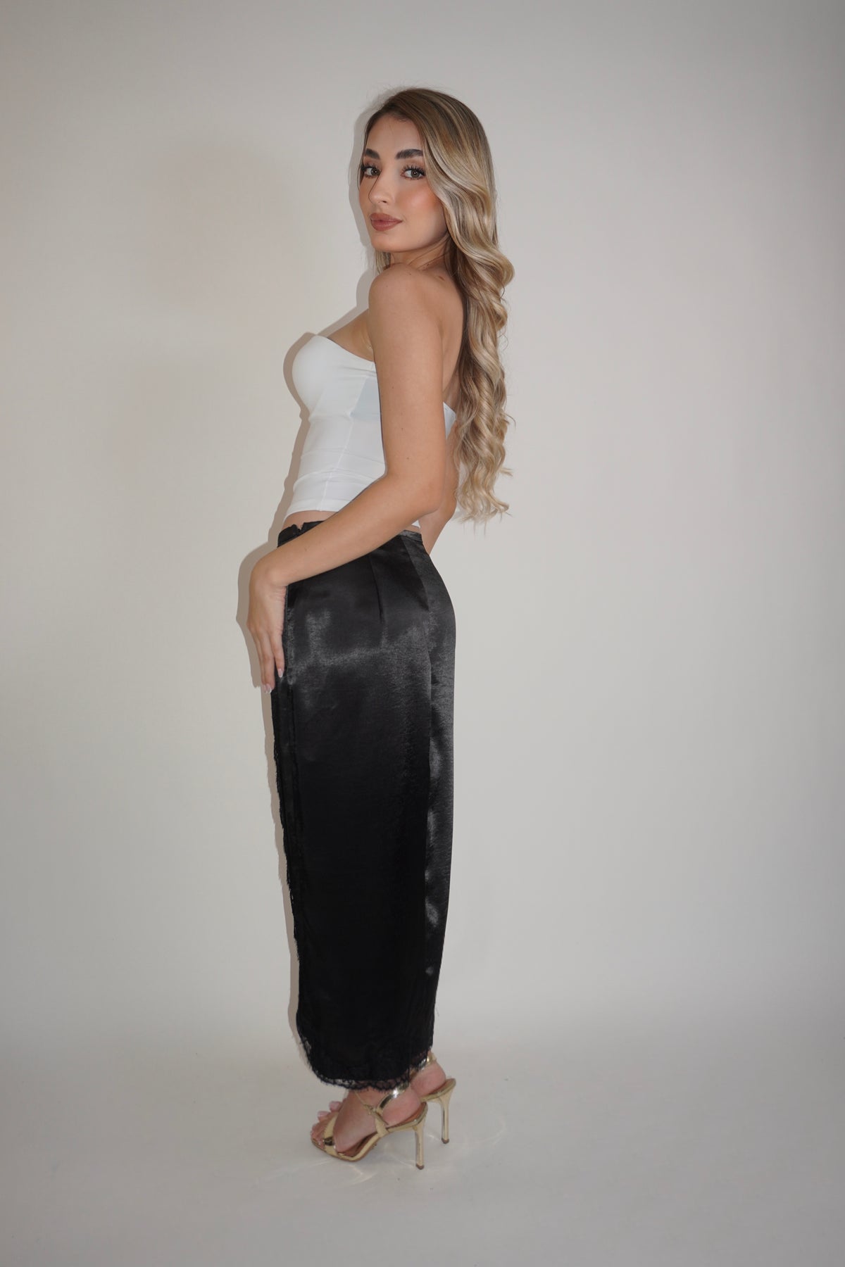 Satin Wrap Midi Lace Skirt
