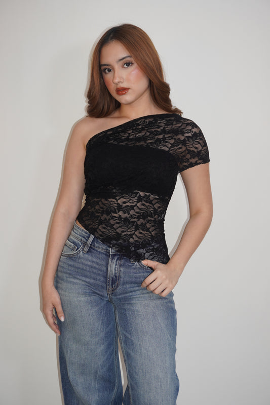 New Black Asymmetrical Lace Blouse
