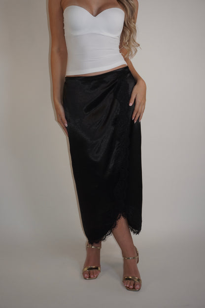 Satin Wrap Midi Lace Skirt