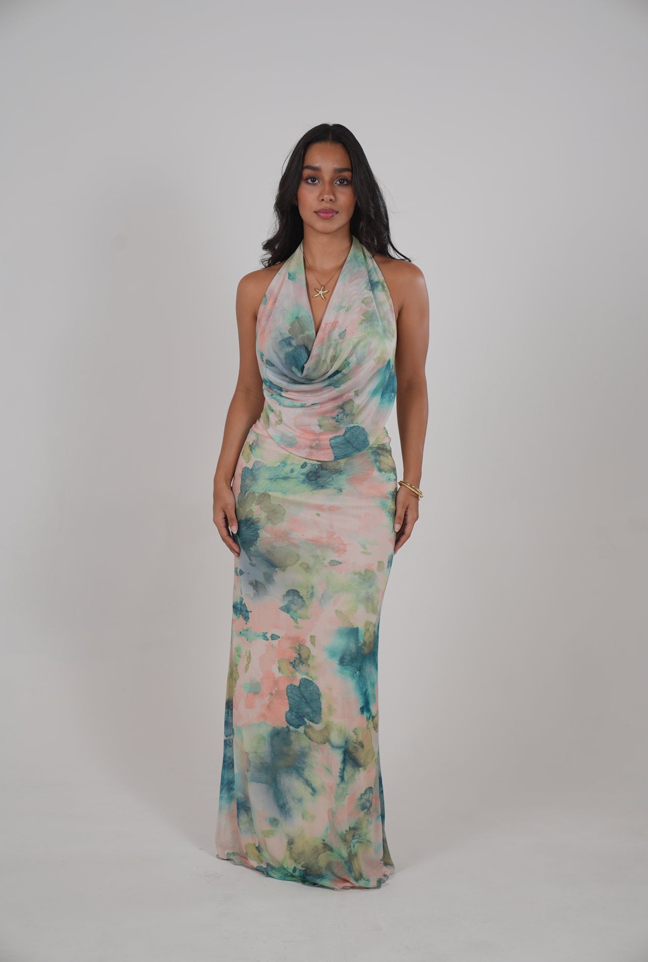 Multicolor Halter Backless Mesh Dress