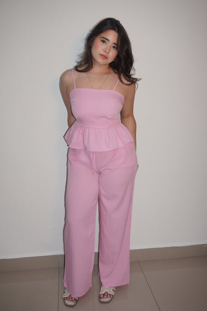 Linen Soft Peplum Two Pieces Set