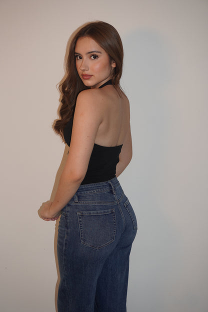 Black Halter Open Back Top With Gold Detail