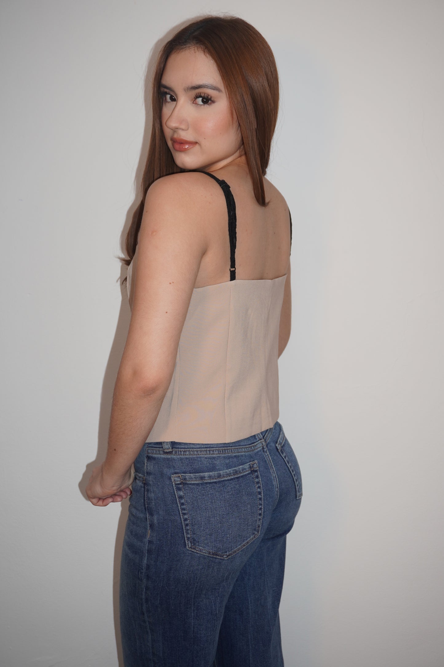 Beige Tube Vest With Black Lace Detail