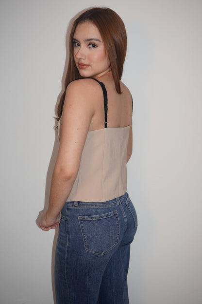 Beige Tube Vest With Black Lace Detail