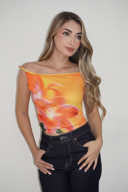 Asymetrical Mesh Flower Top
