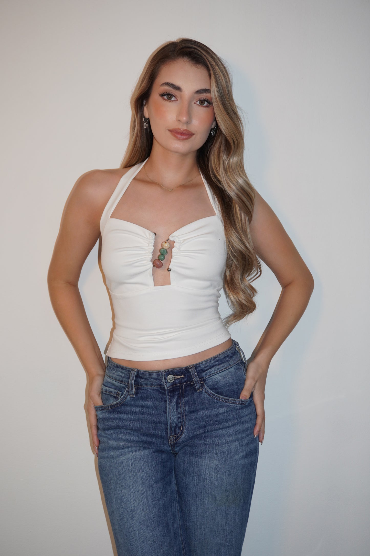 Ruched Halter Top with Beaded Detail