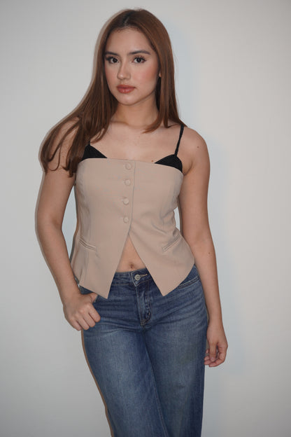 Beige Tube Vest With Black Lace Detail