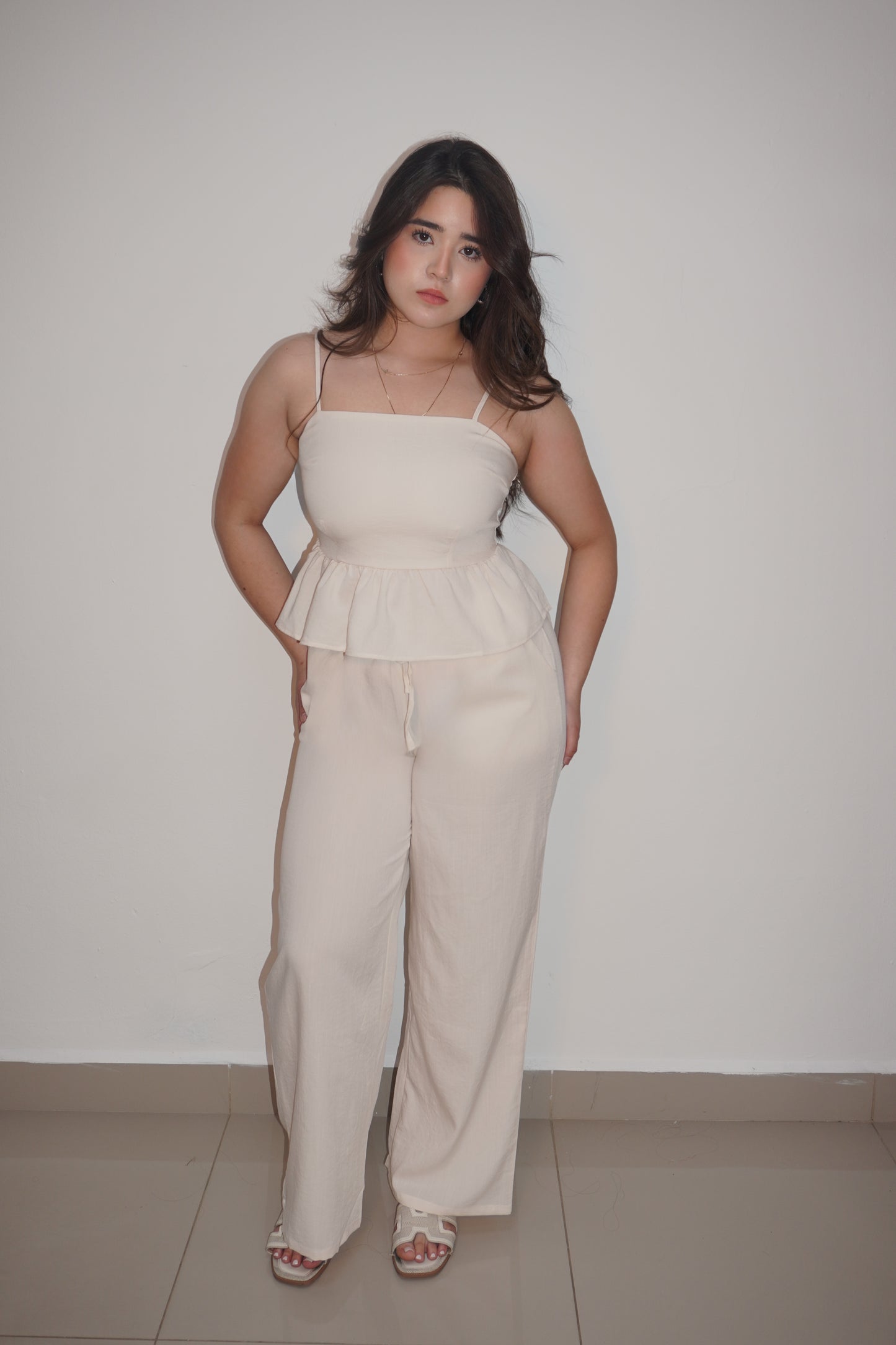 Linen Soft Peplum Two Pieces Set