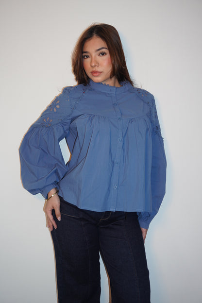 Blue Long Sleeve Lace Linen Blouse