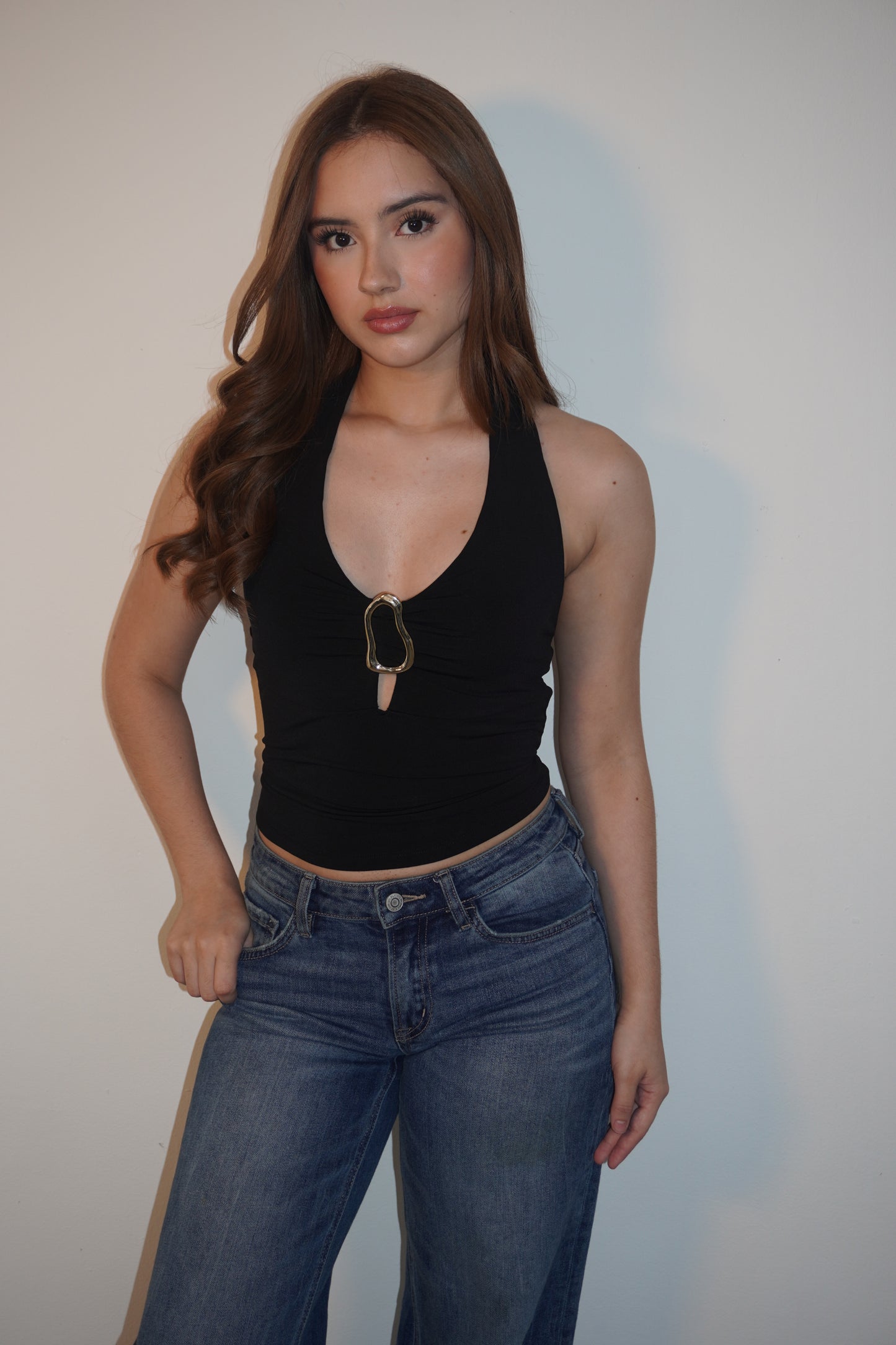Black Halter Open Back Top With Gold Detail