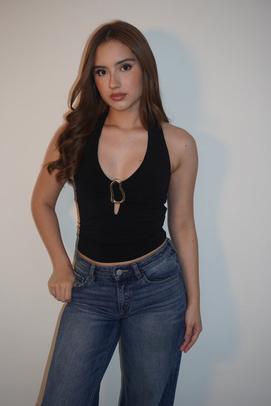 Black Halter Open Back Top With Gold Detail