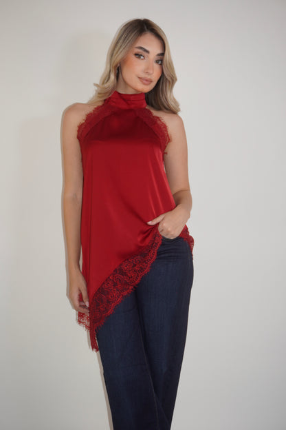 Satin Halter Asymmetric Lace Blouse