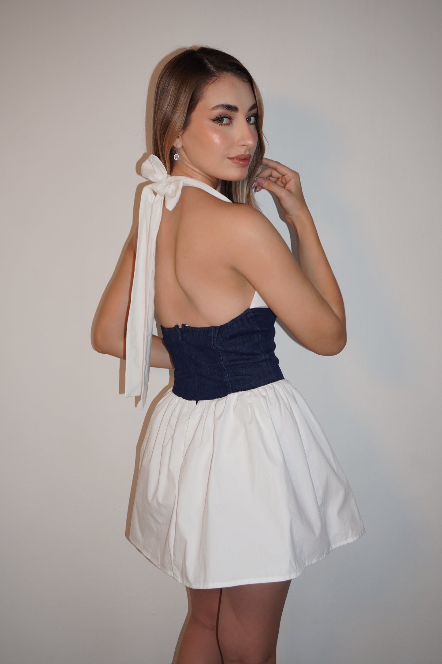 New Halter White Mini Dress With Denim