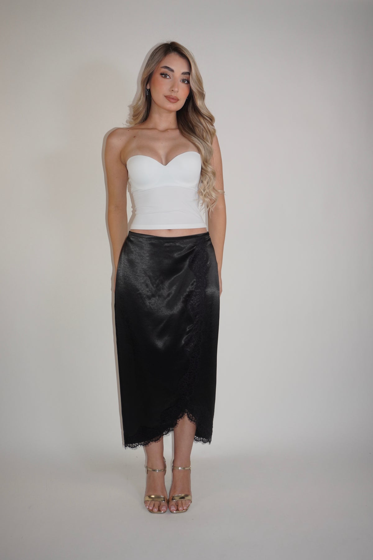 Satin Wrap Midi Lace Skirt