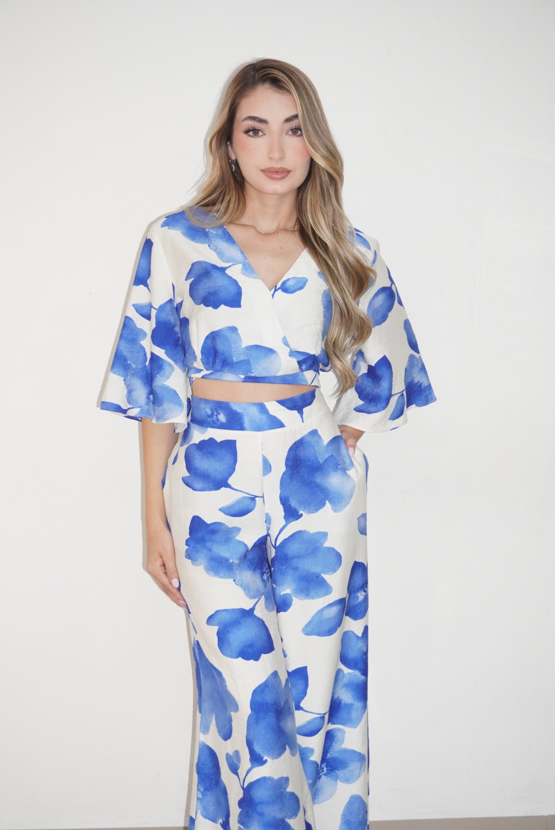 Blue Leaf Print Two-Piece Set