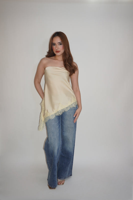 Yellow Silky Tube Lace Blouse