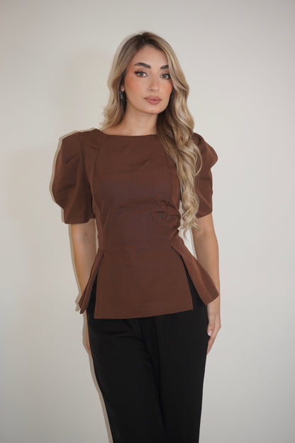 Brown Short Sleeve Peplum Blouse