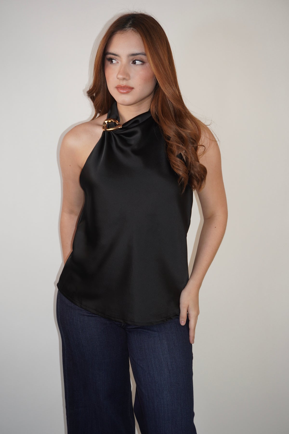Satin Halter Top With Gold Detail